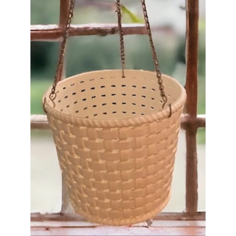 MCM 70s Planter removable Gold Hanging Chains MidCentury White Basketweave Mint